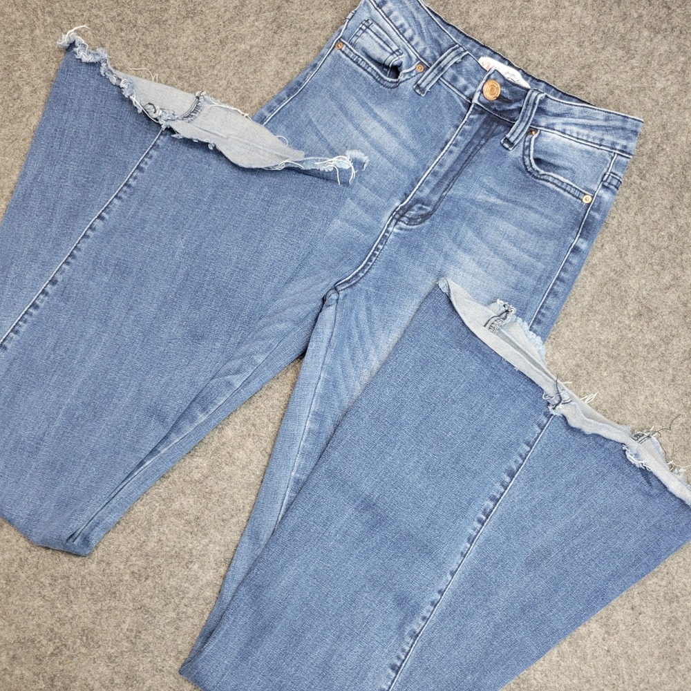 YMI Jeans Womens 5/27 Blue Denim Collection Distressed Streetwear Raw Hem Flare
